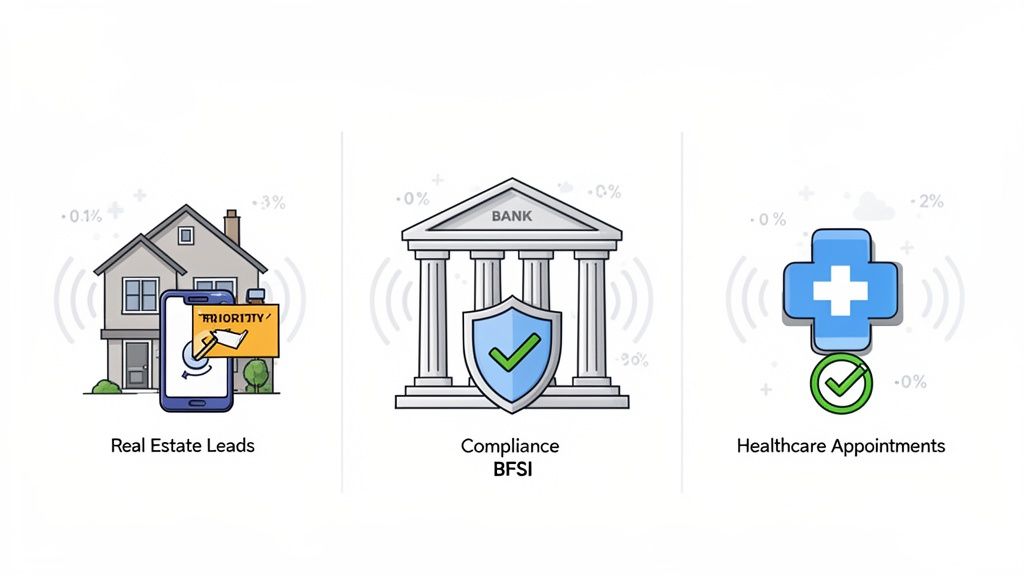 Illustrative icons representing real estate leads, banking compliance for BFSI, and healthcare appointments, suggesting real-time monitoring.