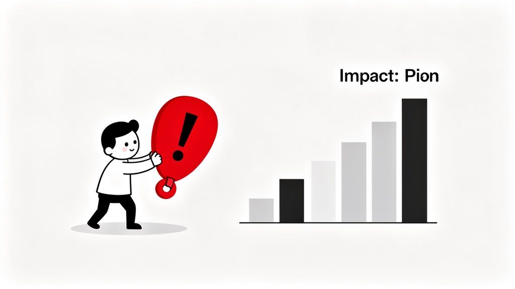 A cartoon person holds a large red exclamation mark beside a growing bar chart titled 'Impact: Pion'.