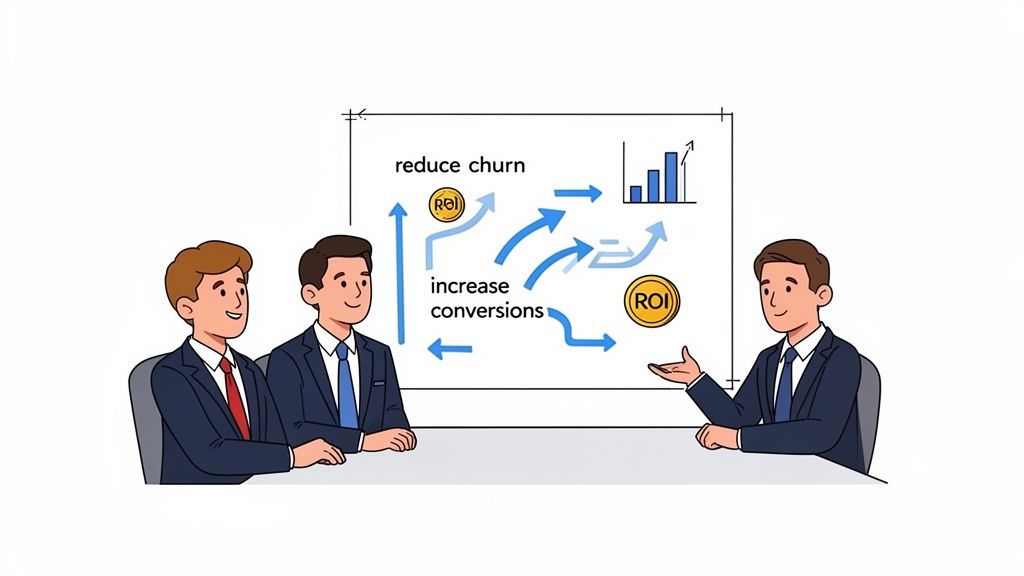 Three businessmen discuss strategies to reduce churn, increase conversions, and boost ROI.