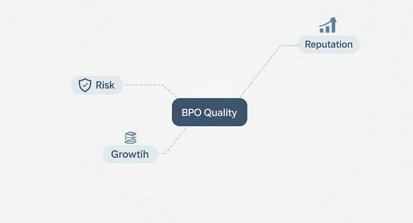 Mind map illustrating factors influenced by BPO Quality: Risk, Reputation, and Growth.