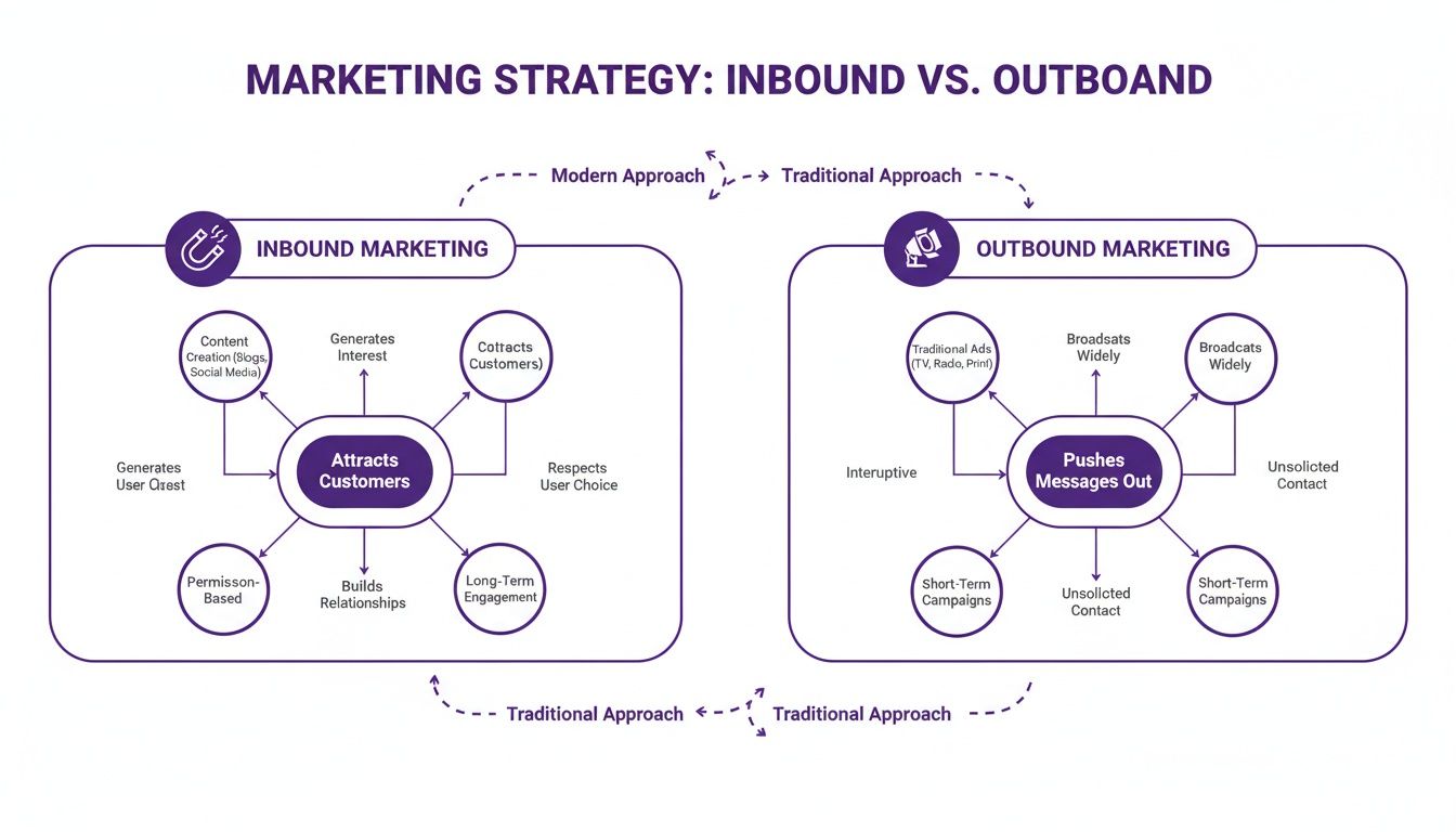 Diagram comparing inbound marketing (modern approach) with outbound marketing (traditional approach), detailing their characteristics.