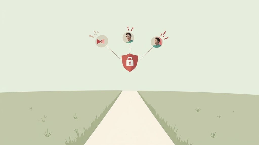 A security shield protects user profiles and media controls on a path, symbolizing data privacy.
