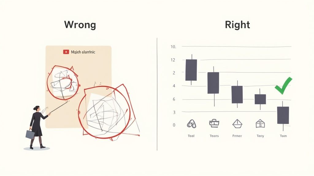 A split image showing 'Wrong' with chaotic scribbles and 'Right' with a clear candlestick chart.