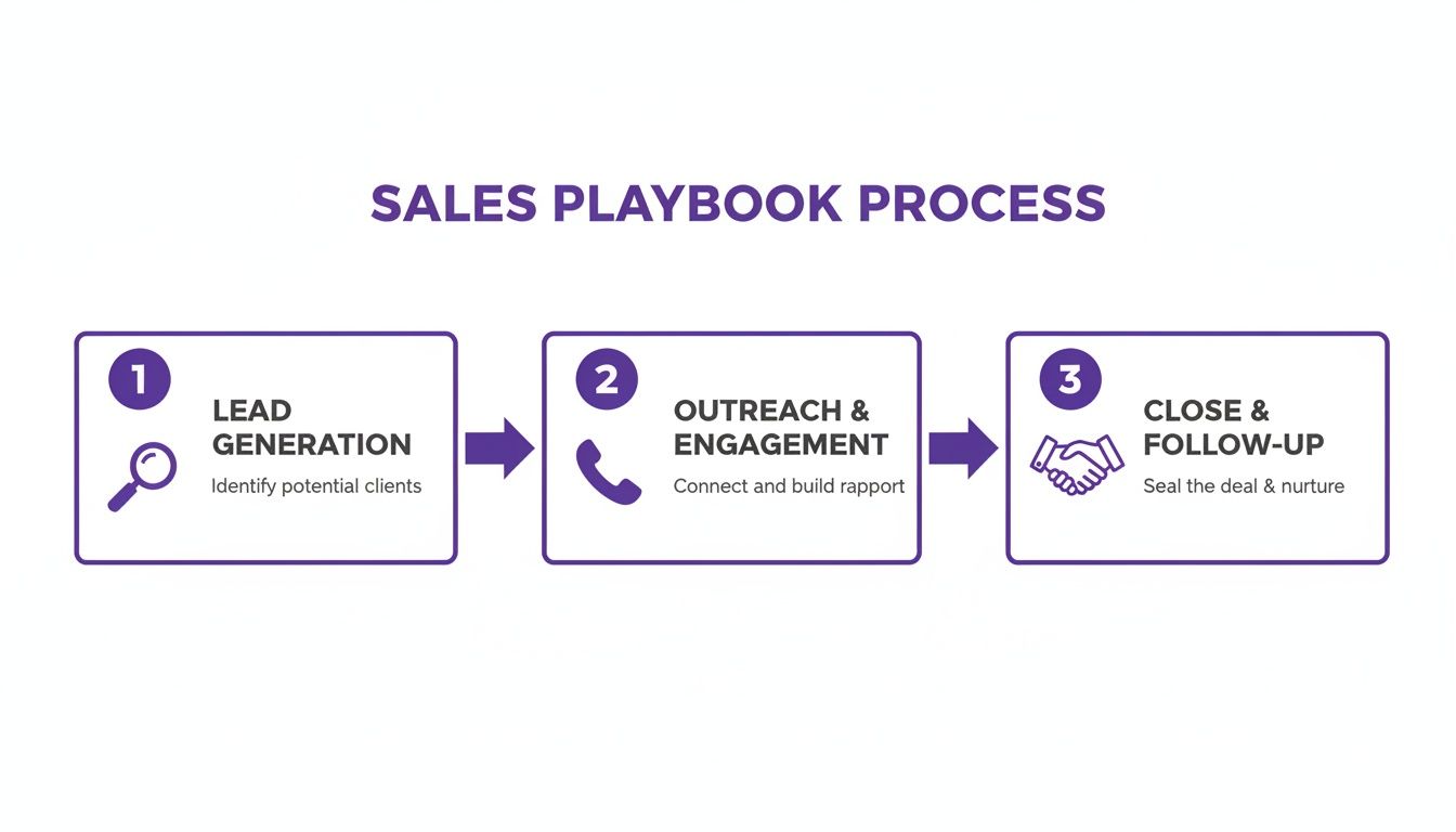 Visual sales playbook process showing lead generation, outreach, and close & follow-up stages.