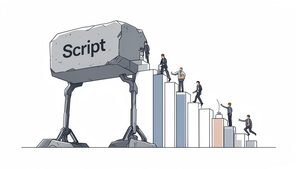 Businesspeople climbing a bar graph-like staircase towards a giant 'Script' block.