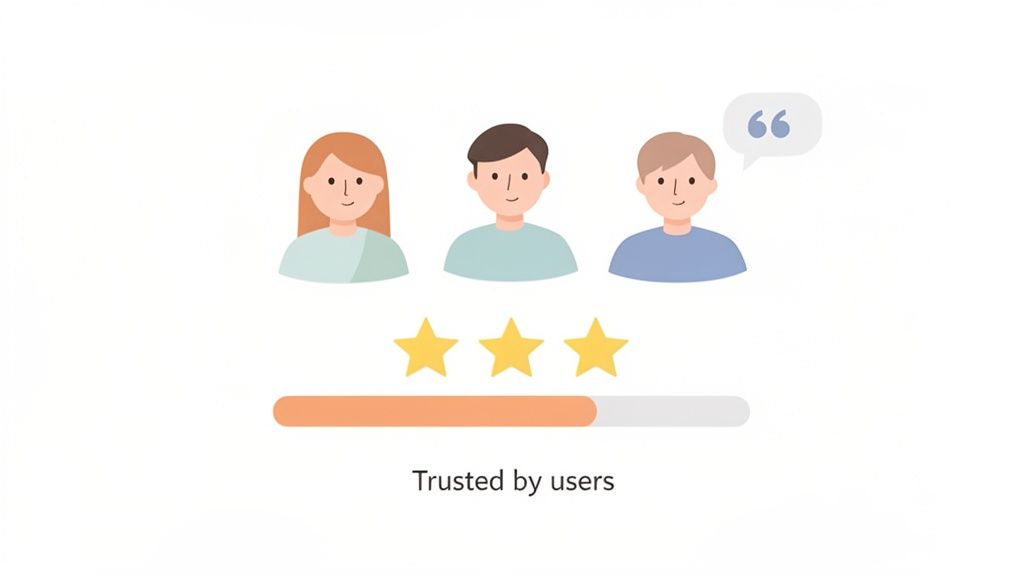 Illustration of three user avatars, three golden stars, a progress bar, and text 'Trusted by users'.