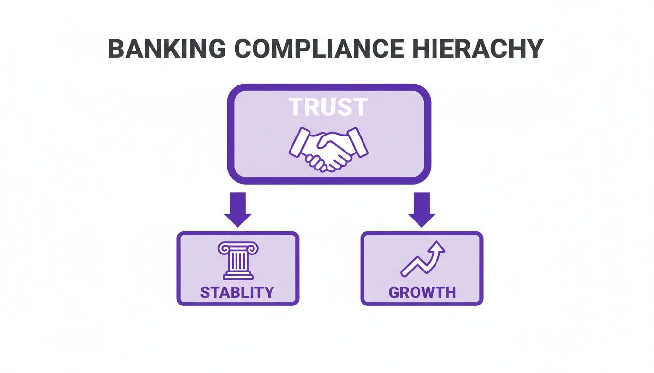 A diagram illustrating the banking compliance hierarchy, showing trust leading to stability and growth.
