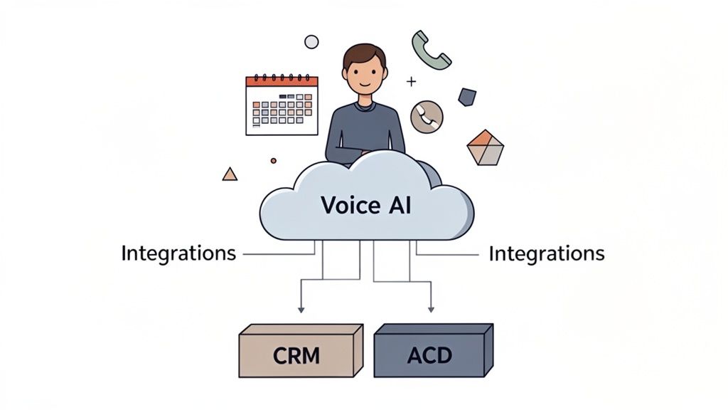 A contact center agent leveraging Voice AI integrating with CRM and ACD systems, surrounded by productivity icons.