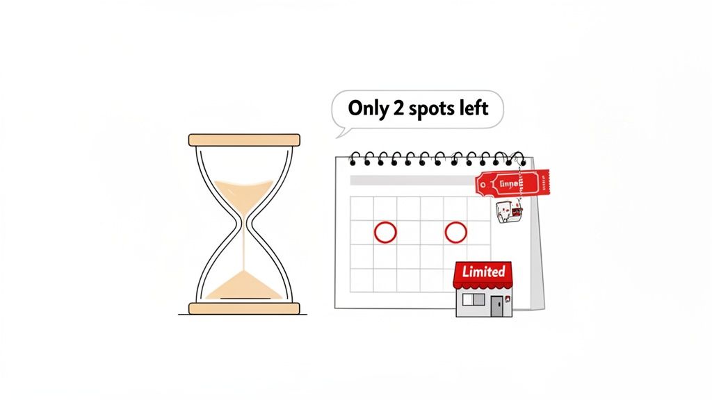 An illustration showing an hourglass, a calendar with two red circles, and a 'Limited' shop, symbolizing scarcity and urgency.