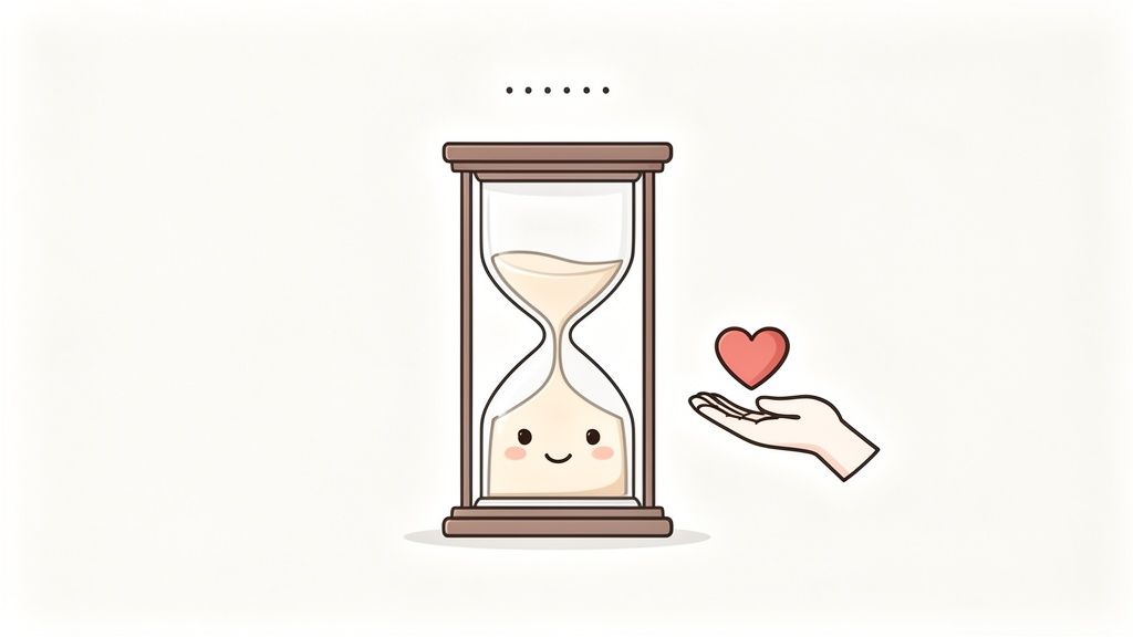 A cute hourglass with a smiling face receives a heart from an outstretched hand, symbolizing time and empathy.