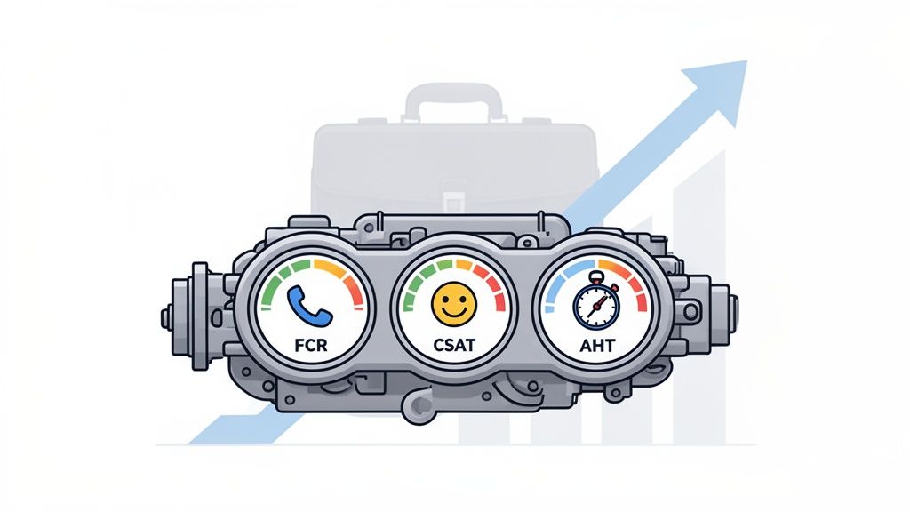 Three gauges depicting BPO performance metrics FCR, CSAT, and AHT, driving business growth.