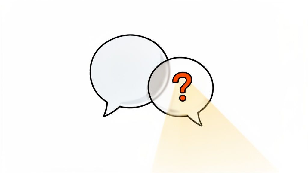 Two white speech bubbles, one containing a red question mark, symbolizing inquiry and communication.