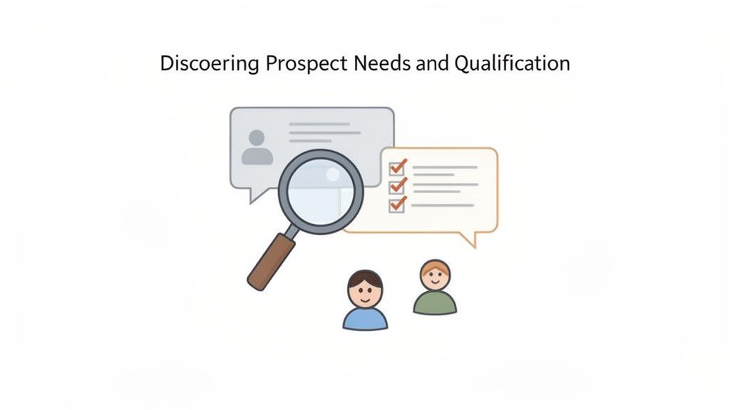 Illustration showing a magnifying glass over prospect details and a checklist, representing discovering needs and qualification.