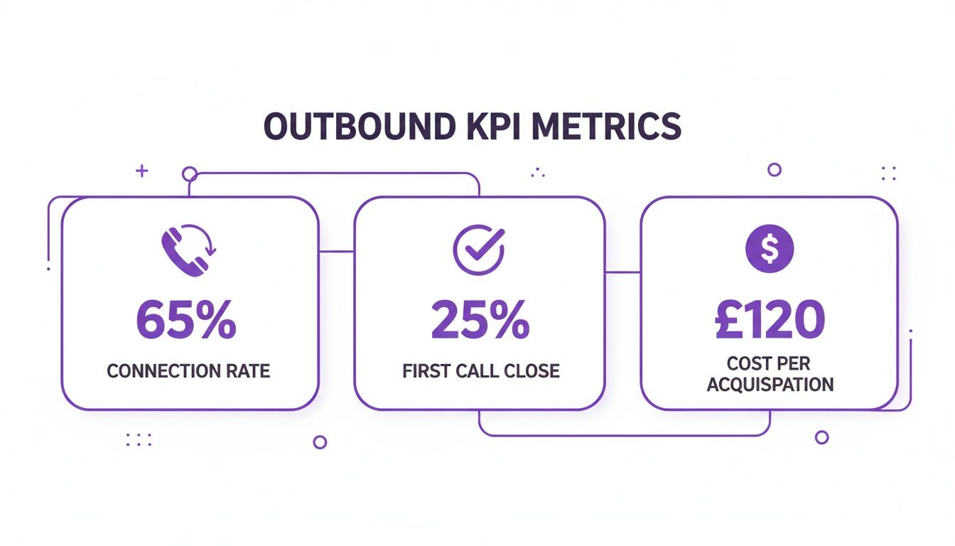 Infographic showing outbound call KPI metrics: 65% connection rate, 25% first call close, and £120 cost per acquisition.