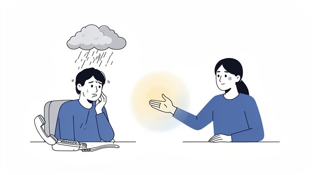 An illustration of a sad person under a rain cloud receiving comfort and empathy from another person.