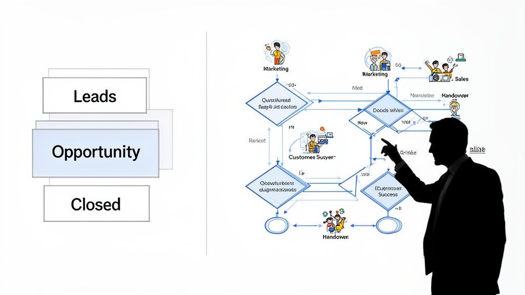 A man pointing at a business flowchart illustrating sales, marketing, and customer success processes.