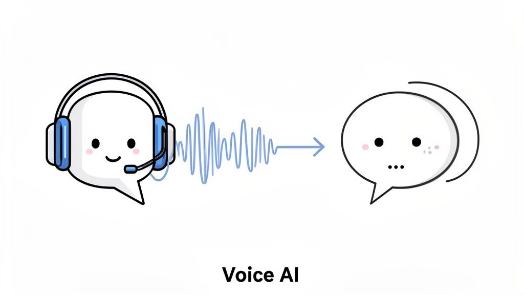 Cartoon speech bubbles illustrate voice input processing by AI, representing voice AI technology.