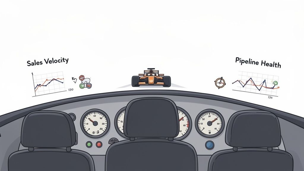 Dashboard view tracking sales velocity and pipeline health metrics, with a race car ahead.