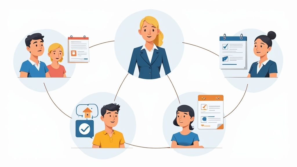 A central virtual assistant managing real estate tasks and connecting with diverse clients.