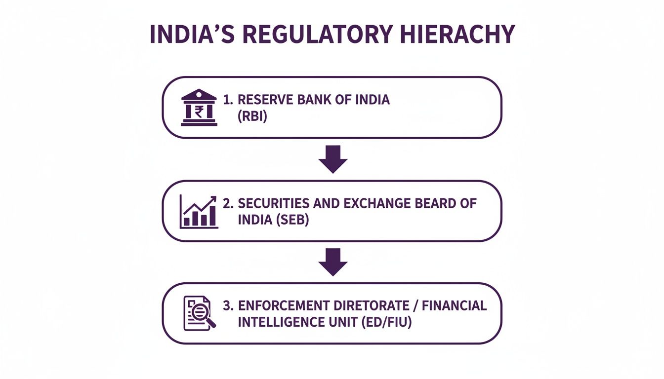 India's financial regulatory hierarchy showing RBI, SEBI, and ED/FIU in a sequential flow.