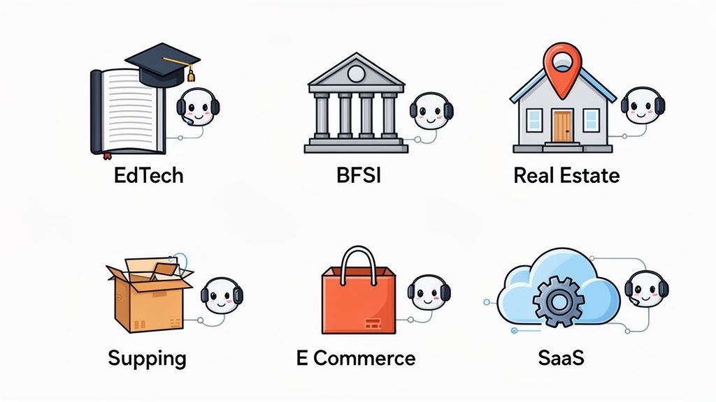 Cartoon icons show AI agents assisting in EdTech, BFSI, Real Estate, Shipping, E-commerce, and SaaS sectors.
