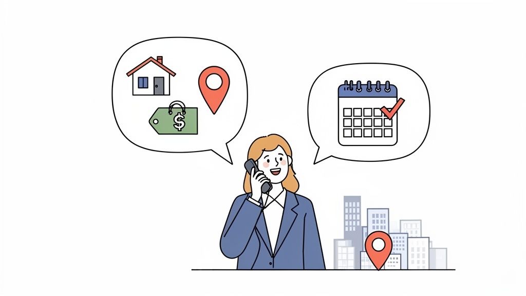 A businesswoman on the phone discusses real estate, prices, location, and scheduling appointments.