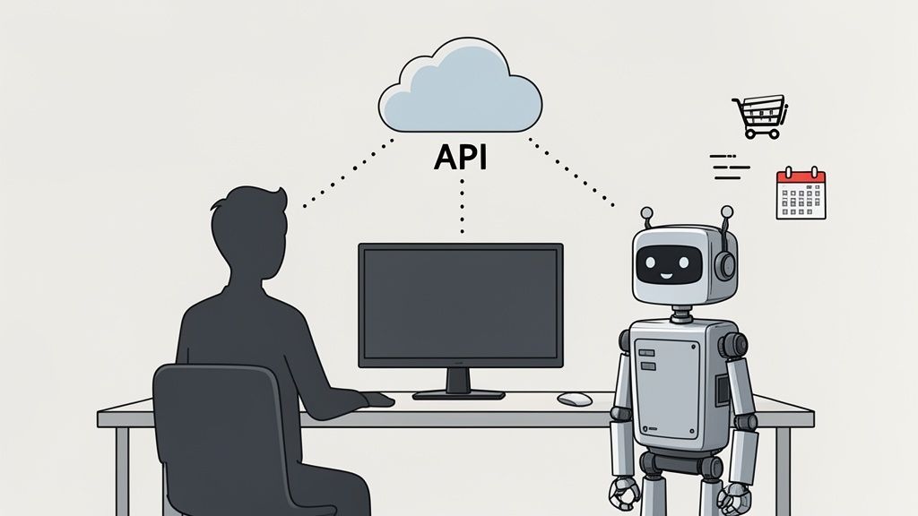 A person works at a computer with a robot, both connected to a cloud API.