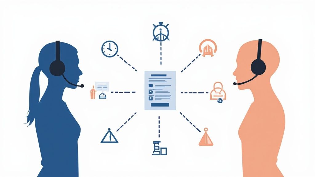 Call center agents communicate, managing customer interactions and data around a central document.