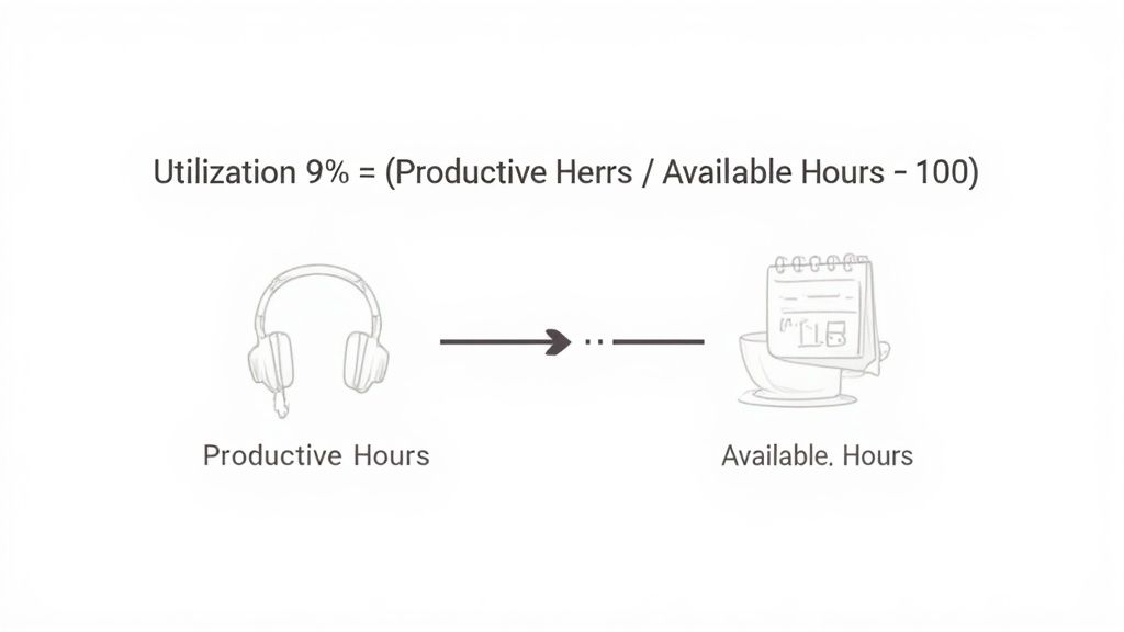 Formula: Utilization 9% = (Productive Hours / Available Hours - 100), with corresponding icons.