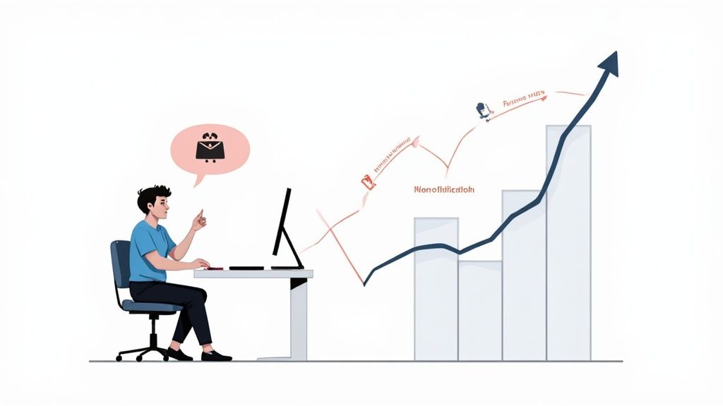 An illustration of a person working on a computer, with a rising business graph showing growth.
