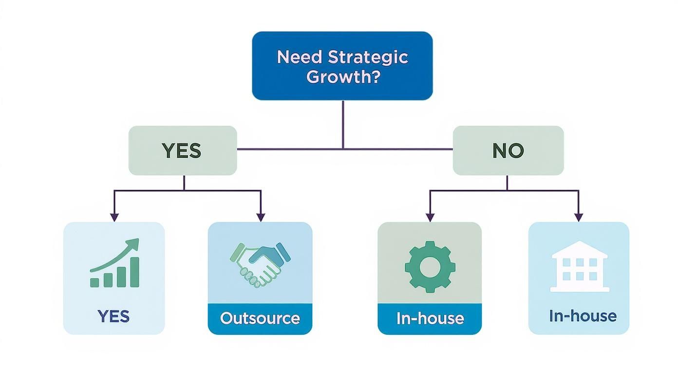 Flowchart showing decision points for strategic growth: 'YES' leads to growth or outsource, 'NO' leads to in-house.