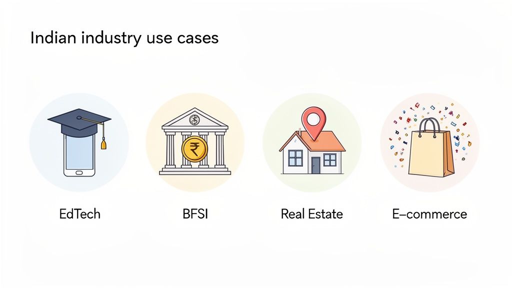 Illustration showcasing Indian industry use cases: EdTech, BFSI, Real Estate, and E-commerce sectors.
