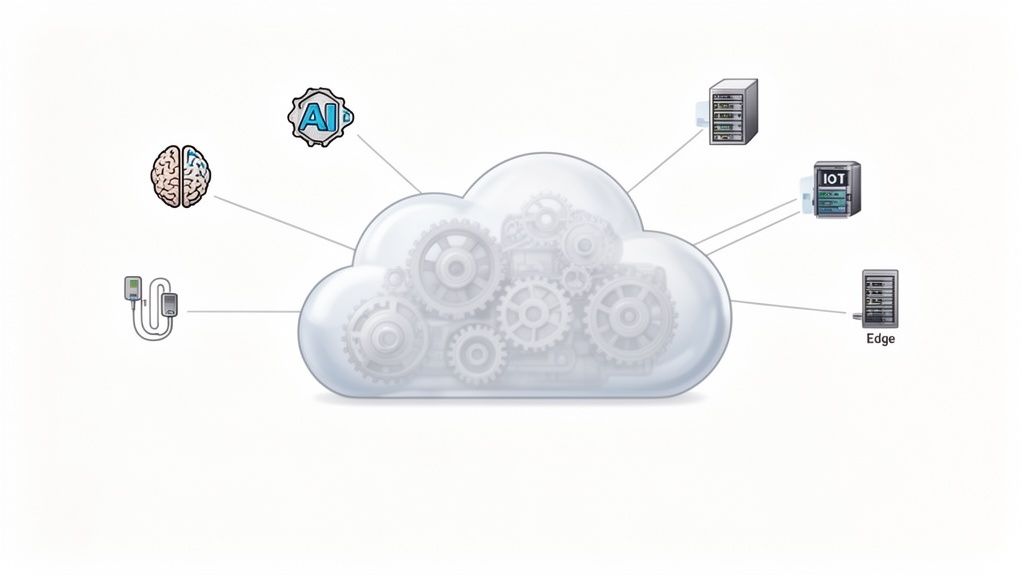A diagram illustrating various digital technologies like AI, IoT, and Edge devices connected to a central cloud with gears.