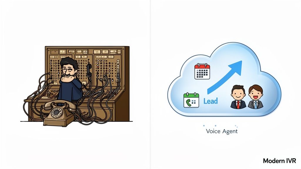 Cartoon contrasting a vintage telephone operator with a modern cloud-based IVR and voice agent system.