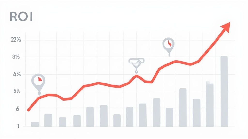 Graph demonstrating Return on Investment (ROI) growth over time with a red line and bar chart.