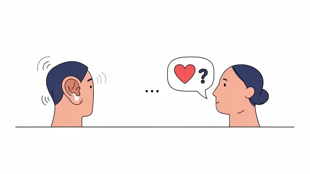 An illustration of a person with a hearing aid listening to a questioned message of love.