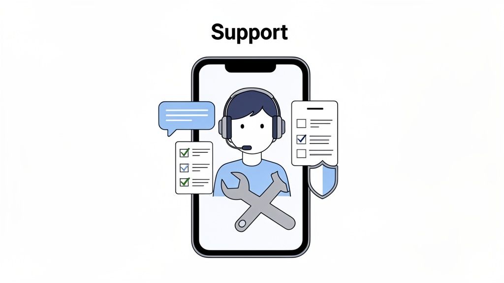 Illustration of a customer support agent with a headset inside a smartphone, surrounded by service tools and checklists.