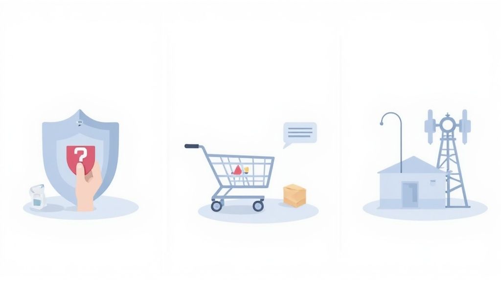 Illustrations showing a shield with a question mark, a shopping cart, and a communication tower.