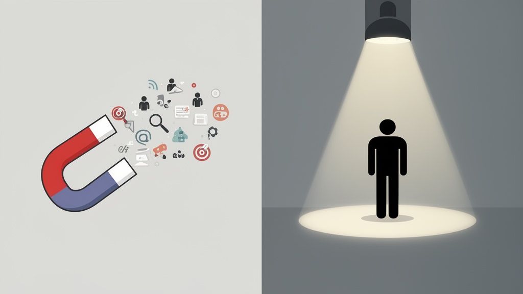 An illustration comparing inbound marketing (magnet attracting icons) with outbound marketing (person under spotlight).