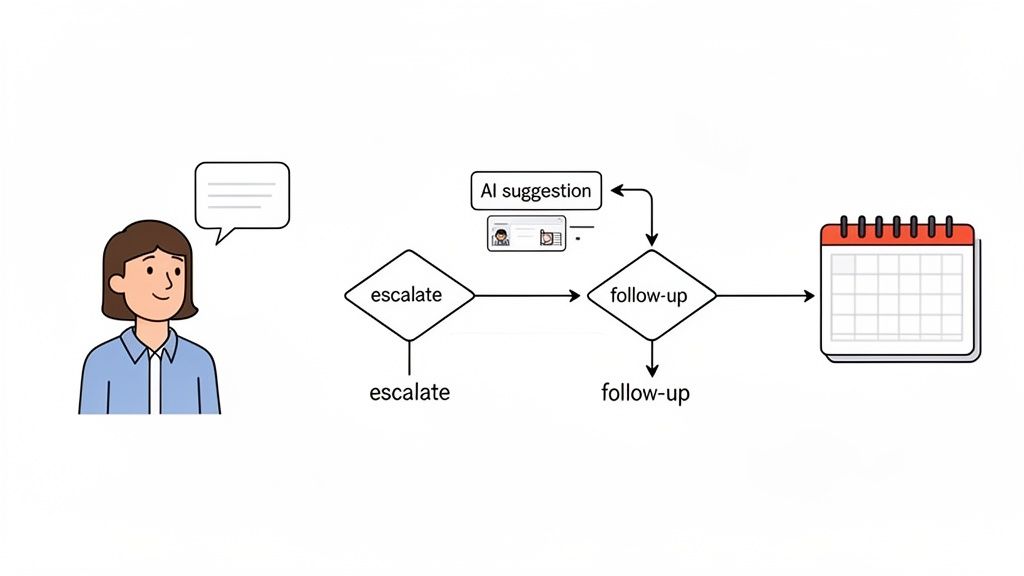 Flowchart showing a customer service process with a person, AI suggestion, escalation, follow-up, and calendar.
