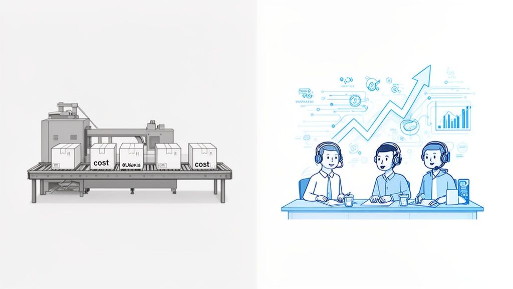 Illustration of a factory conveyor belt with 'cost' boxes, alongside a call center team and a rising growth graph.