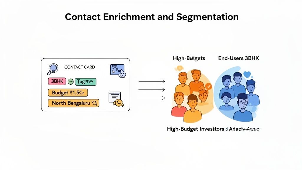 Diagram showing contact enrichment and segmentation, sorting leads into 'High-Budgets' and 'End-Users 3BHK' categories.