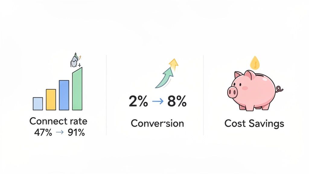 Infographic showing improved connect rate (47% to 91%), conversion (2% to 8%), and cost savings.