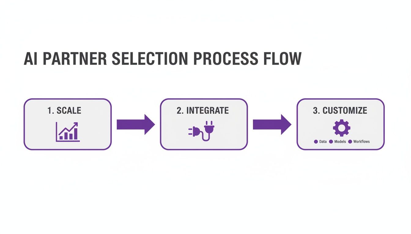 AI partner selection process flow diagram showing steps: scale, integrate, customize data, models, workflows.