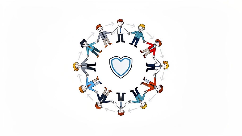 Illustration of diverse people in a circle holding hands, surrounding a heart-shaped shield, representing value and protection.