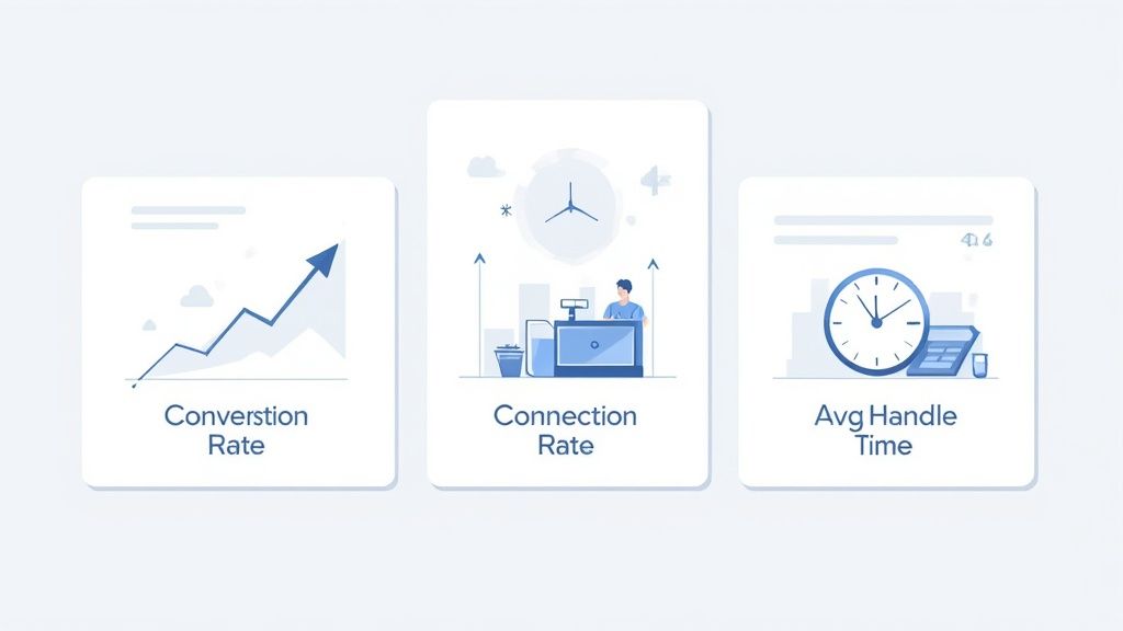 Three white cards display call center metrics: Conversion Rate, Connection Rate, and Avg Handle Time.