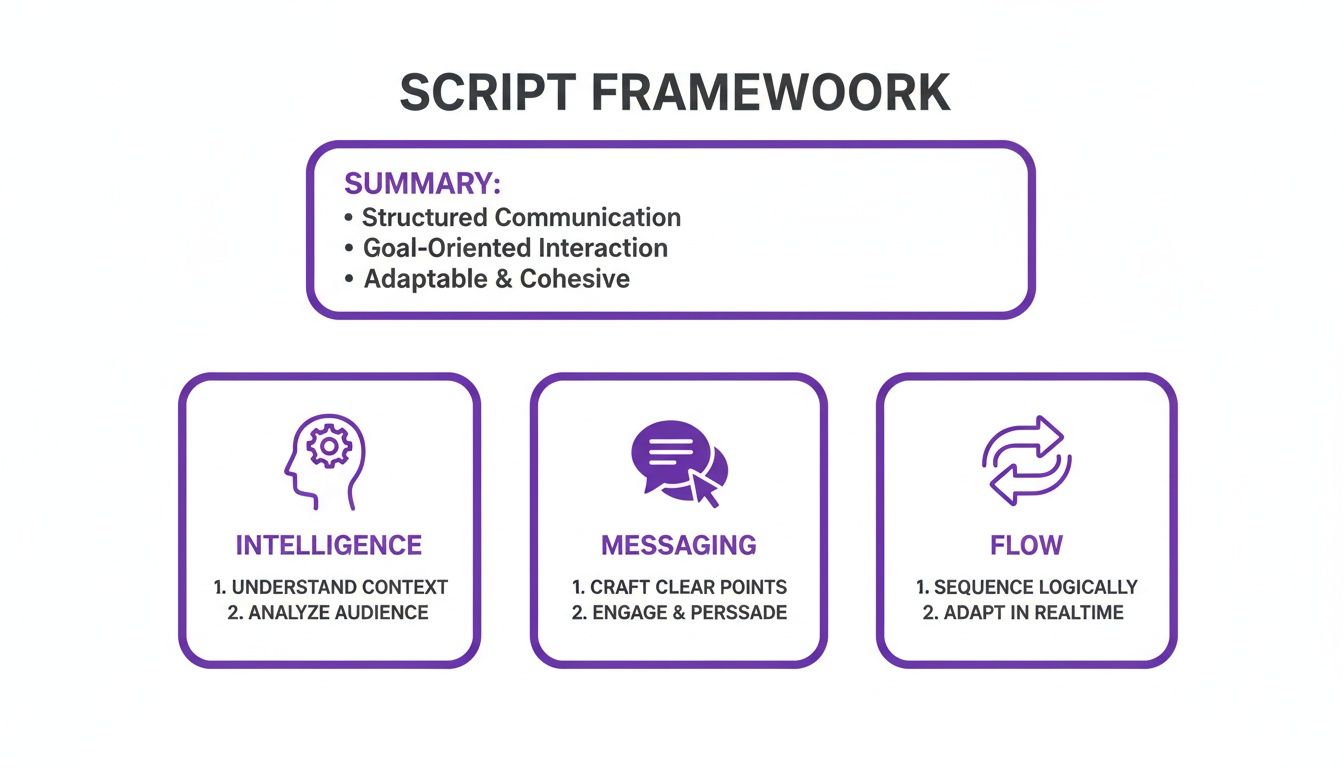 A script framework outlining intelligence, messaging, and flow components with key summary points.
