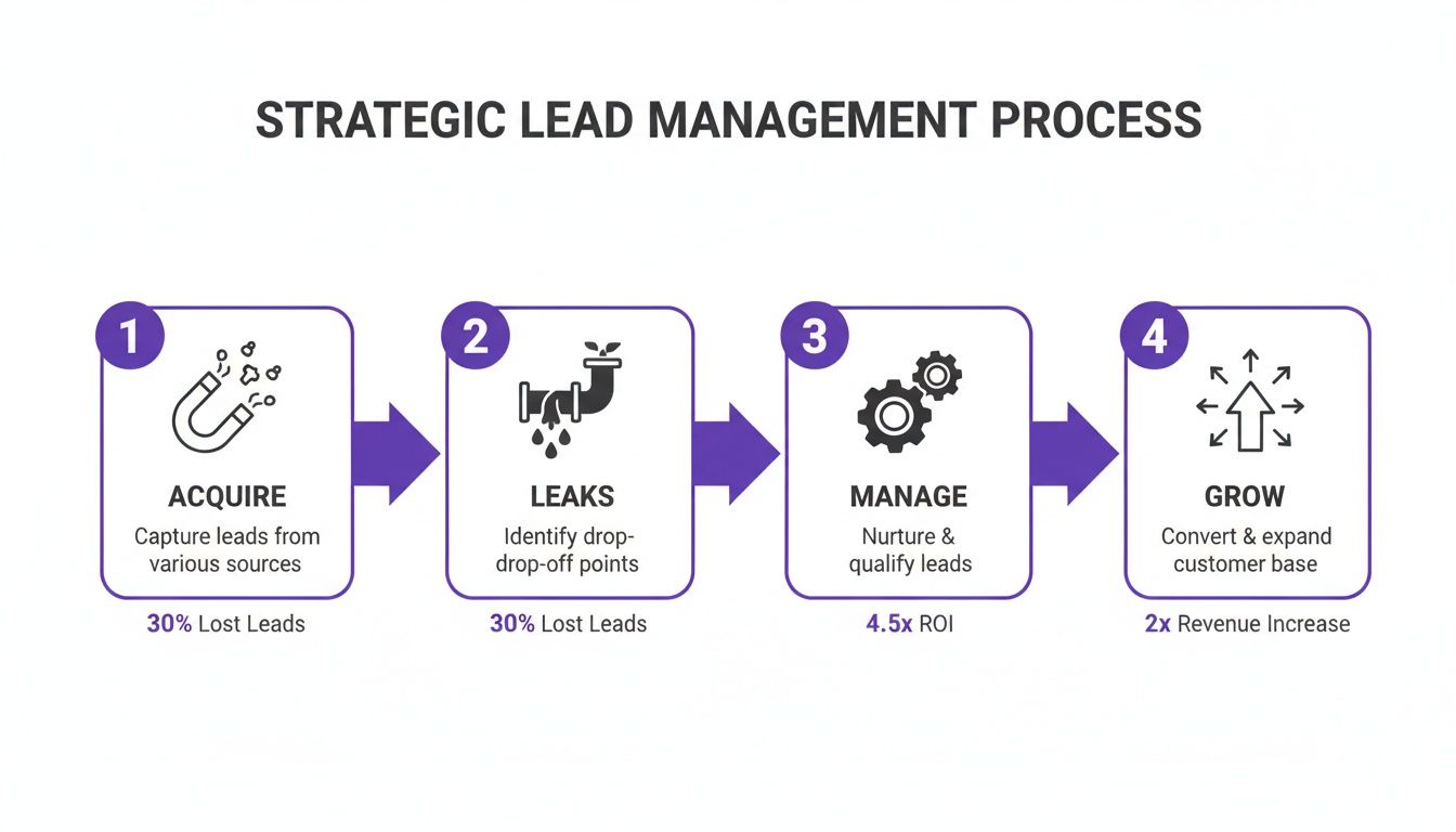 Flowchart outlining a 4-step strategic lead management process: Acquire, Leaks, Manage, and Grow.