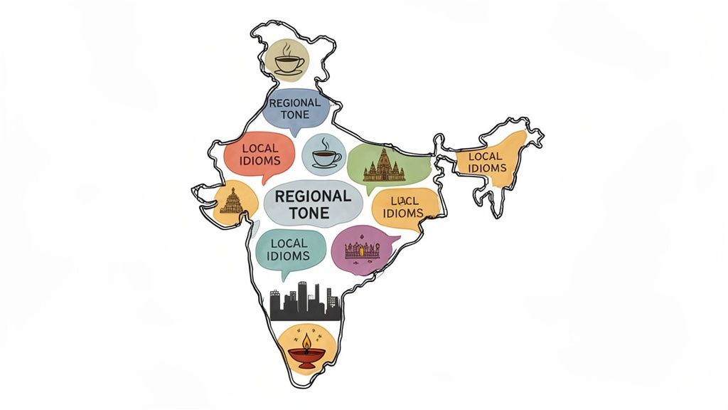 Map of India illustrating regional tone, local idioms, and diverse cultural elements across its states.