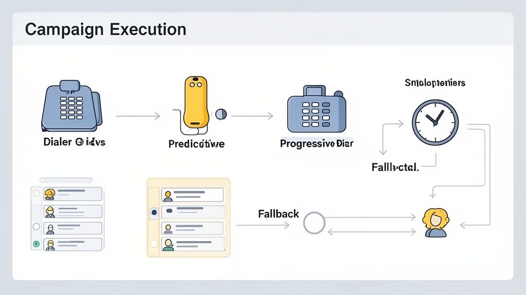 A flowchart depicting a campaign execution process with different dialer types, time management, and fallback.